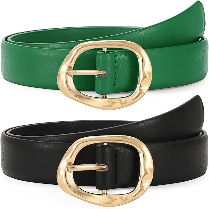 TRIWORKS 2 Pack Leather Belts for Women Fashion Waist Belt with Liquid Shapes Women Belt for Jeans Pants Dresses