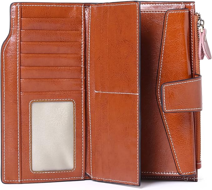 Women's Retro Long Wallet Genuine Leather RFID Blocking Large Capacity Clutch Purse in Brown (Brown)