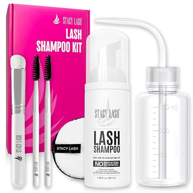 STACY LASH Lash Shampoo Kit Foaming Cleanser with Eye Lash Spoolies & Rinse Bottle & Cleansing Pad & Brush for Eyelash Extensions & Clusters & Natural Eyelashes