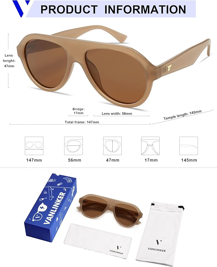 VANLINKER Retro Aviator Polarized Sunglasses for Men Women Trendy 70s Vintage Plastic Frame Sun Glasses VL9750