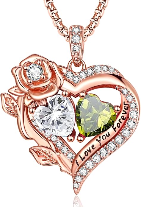 Rose Heart Necklaces for Women, Rose Gold Forever Love Jewelry with 2 Birthstones Pendant, Christmas Anniversarry Birthday Gifts for Her Wife Mom Grandma, 18+2 Inch Chain