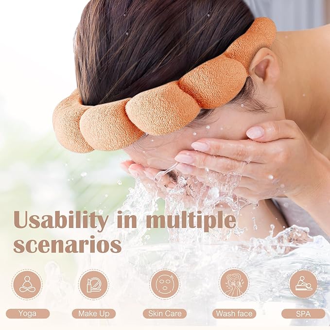 Terry Cloth Spa Headbands for Washing Face, Set of 2, Dark Khaki + Orange, Absorbent, Soft, Comfortable, Makeup Headbands for Face Washing, Mask