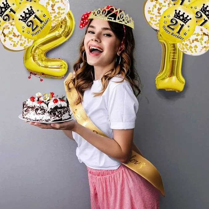 Girls 21st Birthday Decorations Set, Include Crown and Sash, Cake Topper and Candles, Gold Balloons, Party Supplies