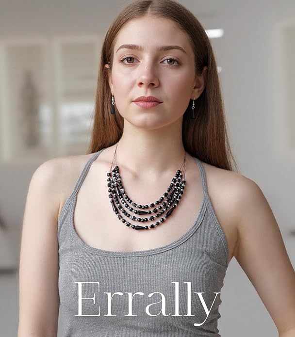 Layered Beaded Statement Necklace Multi Strand Crystal Beads Collar Necklace and Earring Sets for Women Fashion Costume Jewelry Set Gifts for Her