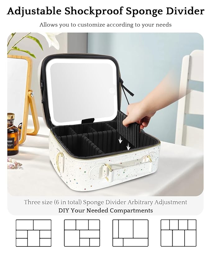 MOMIRA Travel Makeup Bag Cosmetic Bag with Lighted Mirror, Adjustable Brightness in 3 Color Scenarios/Detachable makeup mirror, 2024-All-round Upgrade, Waterproof, Gift for Women -Glett White