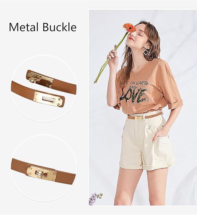 Women's Skinny Leather Belt with Adjustable Silver Turn-Lock Buckle - Ideal for Dresses, Jeans, and Coats, Black
