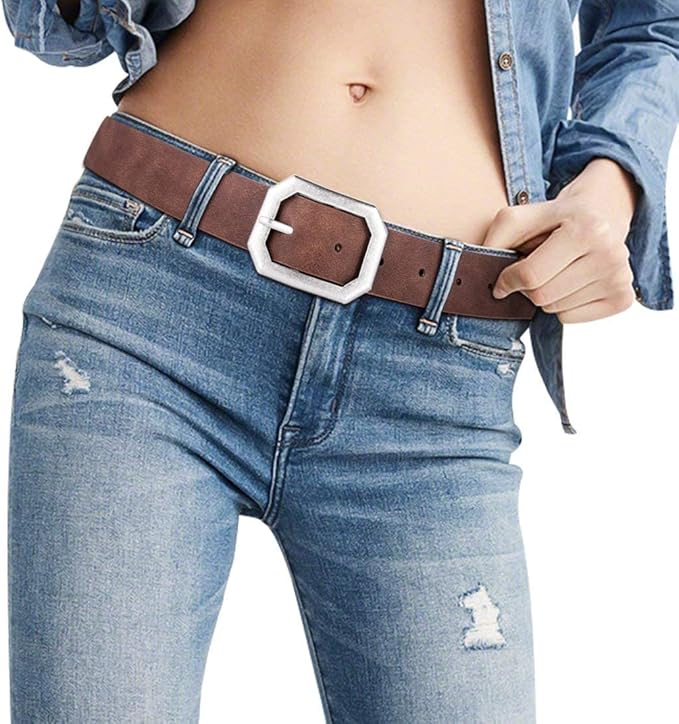 Reversible 1.3" Leather Belt for Women - Vintage Silver Buckle Fashion Belt for Jeans and Dresses
