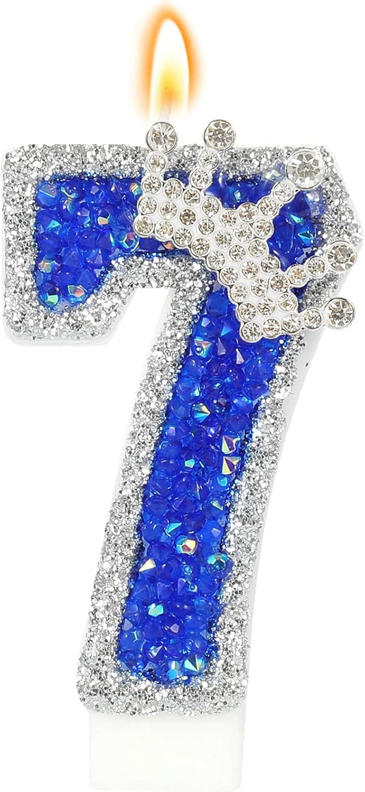 Blue Birthday Candle Crown Number 7 Candle with Sequins Cake Candles Cupcake Decorations Party Decor for Anniversary Celebrations Supplies