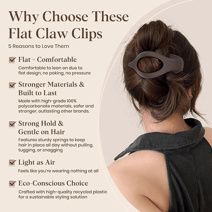 4 PCS Large Flat Hair Clips for Women Girls, French Concord Lay Down Claw Clips for Thick Thin Hair, Comfortable Curved Flat Clips, Matte Non-slip Strong Hold Hair Accessories, Brown