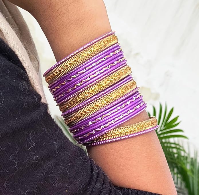 Touchstone Indian Metal Bangles for Women Gold Alloy Bracelets desi 2 Dozen Bangle Collection Bollywood Women's Jewelry Set Multi Stacking Wide Chunky Textured Golden Set of 24 in Gold or White Tone
