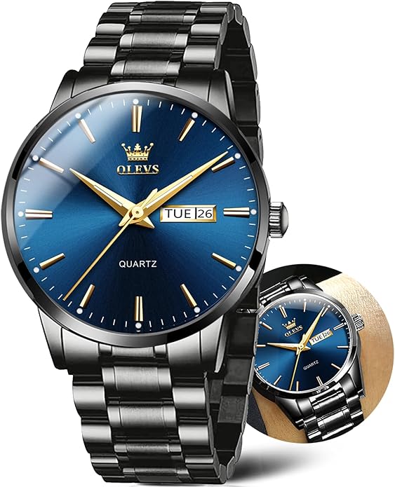 OLEVS Classic Men Watches with Date,Stainless Steel Man Watch with Date, Bussiness Watches for Men,Luminous Quartz Mens Watches Black/White/Blue/Gold, Waterproof Male Watch with Week