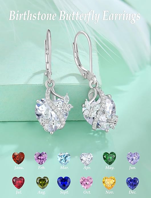 Butterfly Earrings for Women 925 Sterling Silver Heart Earring Birthstone Jewelry