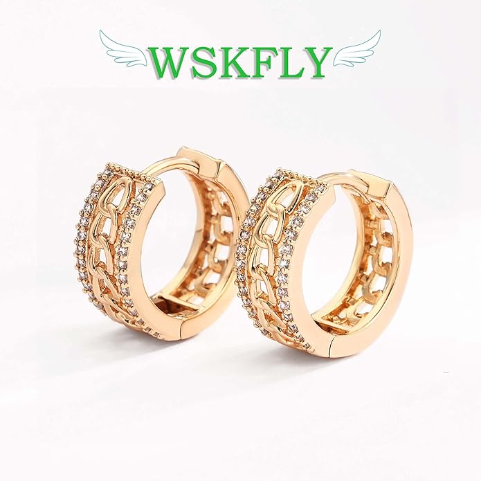 14K Gold Plated Cubic Zirconia Hoop Earrings,Three Row Diamon | Arrows | Double Row of Diamonds Huggie Earrings for Women