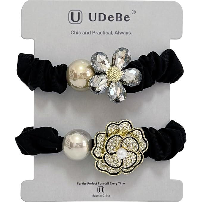 Silk Scrunchies Hair Ties 2Packs – Super Soft Thin Hair Scrunchies, Gentle on Hair, Rose Flower Crystal Decorated Hair Accessories for Women