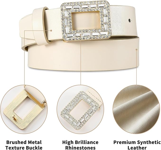 Womens White Belts with Gold Buckle Leather Belts for Women Ladies Fashion Waist Belt