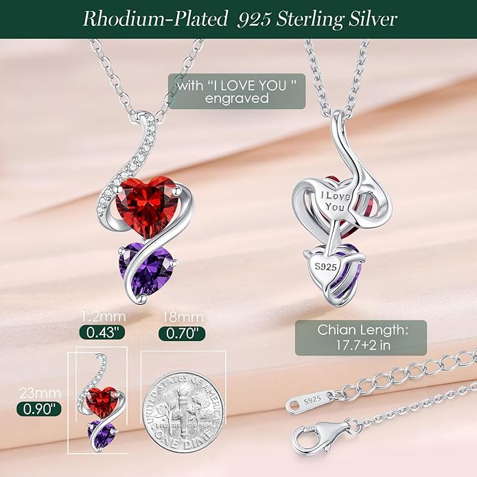 LOUISA SECRET Unique Double Heart Necklace Gifts for Wife Women, 925 Sterling Silver Tiny Birthstone Pendant Jewelry Gift for Her Girlfriend Mom Valentine's Day Anniversary Mother's Day Birthdays & Christmas