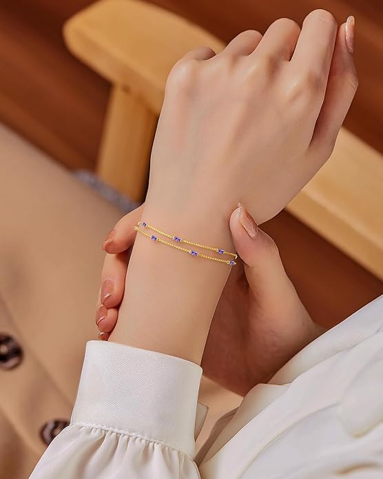 LOUISA SECRET Birthstone Bracelets for Women, 925 Sterling Silver Dainty Simple Women Charm Link Bracelet, Birthday Anniversary Christmas Jewelry Gifts for Women Wife Mom Her