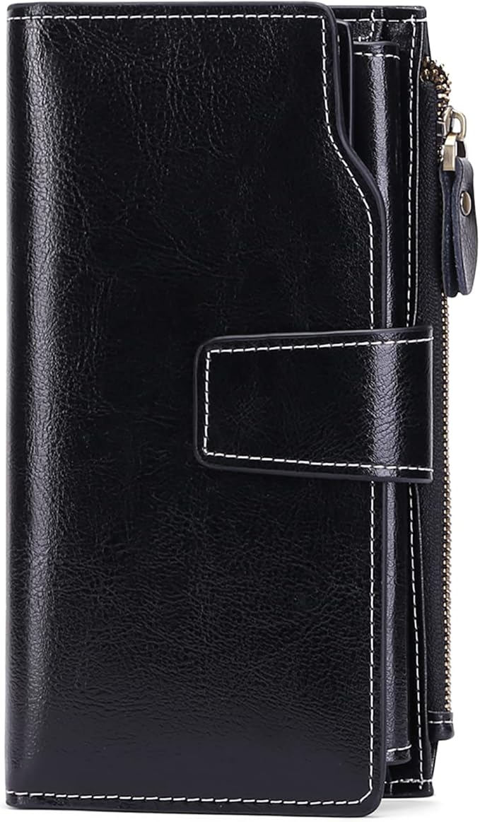 Women's Retro Long Wallet Genuine Leather RFID Blocking Large Capacity Clutch Purse in Brown (Black)