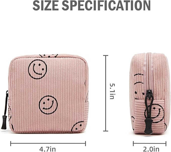 Small Makeup Bag for Purse,Mini Cosmetics Bag cute Zipper corduroy Cosmetic Pouch Storage Pouch Travel Toiletry Organizer for Women Girls(Smiley Face,Pink)