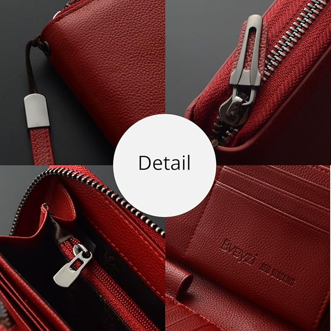 Women's Genuine Leather RFID Blocking Zip Around Wallet with Phone Pocket Large Capacity Travel Wristlet (Wine Red)