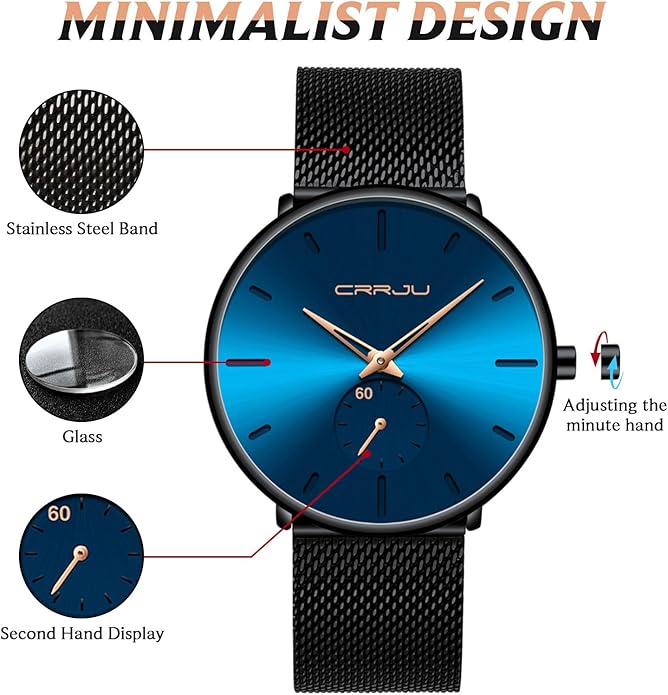 Mens Watches Ultra-Thin Minimalist Waterproof - Fashion Wrist Watch for Men Unisex Dress with Stainless Steel Mesh Band
