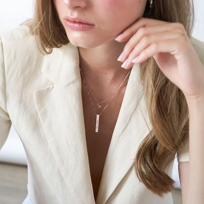 OAK & LUNA - Personalized Pillar Bar Necklace with Diamond Options - Custom Inscription Engraved Pendant - Up to 4 Names - Jewelry Gift for Women, Her, Mother For Mother's Day, Christmas