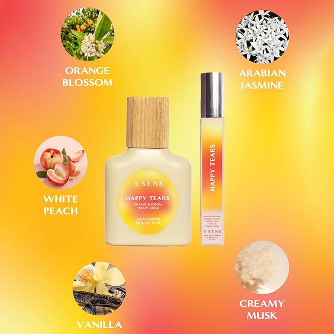 5 SENS Happy Tears Eau de Parfum Travel Spray (10 mL) - Clean, Long-Lasting Fine Fragrance - Warm Floral with Orange Blossom, Arabian Jasmine, White Peach, Creamy Musk & Mandarin - Vegan, Cruelty-Free