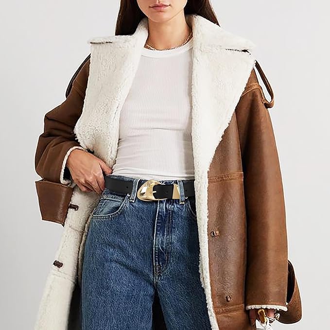Women's Brown Belt Trend Belt with Gold Buckle Fashion Leather Waist Belt for Jeans Pants