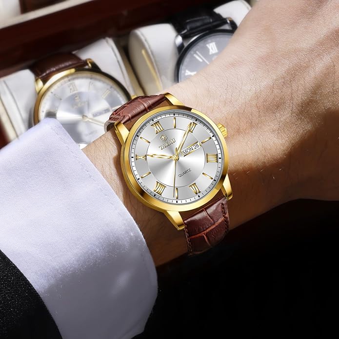 Leather Band Mens Watches with Day Date Quartz Analog Large Face Classic Watch Roman Numerals Dress Luminous Rlojes para Hombres