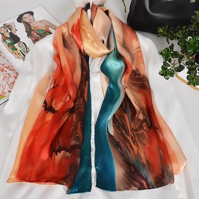 100% Mulberry Silk Scarf for Women Neck Oblong Headscarves Long Floral Print Lightweight Silk Wraps Shawls 67"*20"