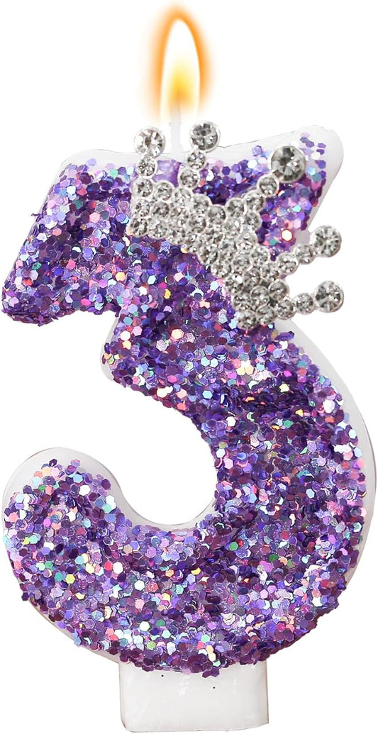 Birthday Number Candles,Purple Crown Birthday Candles for Cake,Glitter Number 3 Candle Cake Topper with Sequins for Anniversary Celebrations Supplies (Number 3)