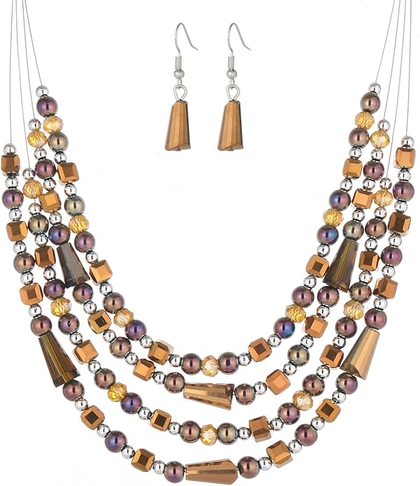 Layered Beaded Statement Necklace Multi Strand Crystal Beads Collar Necklace and Earring Sets for Women Fashion Costume Jewelry Set Gifts for Her