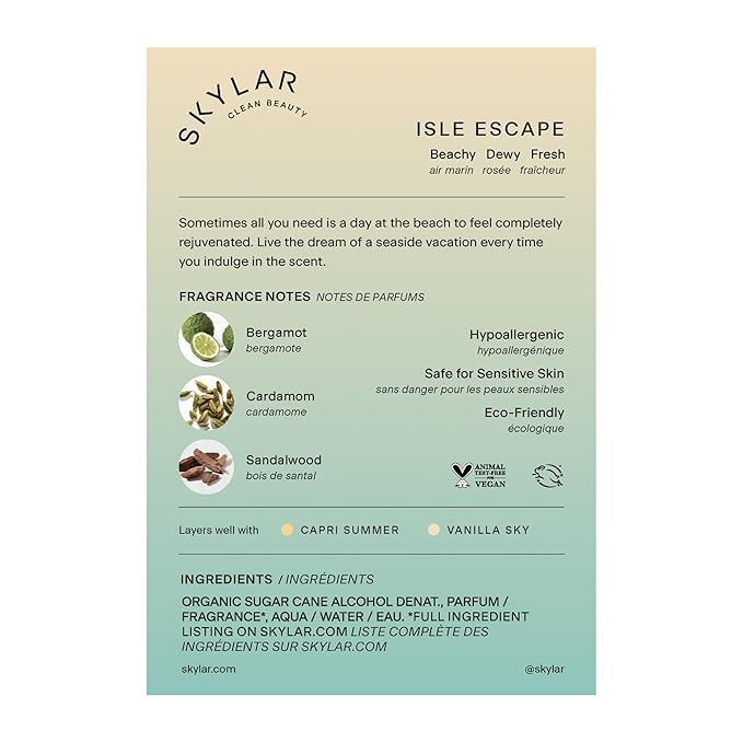 Skylar Isle Escape Eau de Parfum - Hypoallergenic & Clean Perfume for Women & Men, Vegan & Safe for Sensitive Skin - Fresh Perfume with Notes of Bergamot, Cardamom & Sandalwood - 50mL /1.7 Fl oz