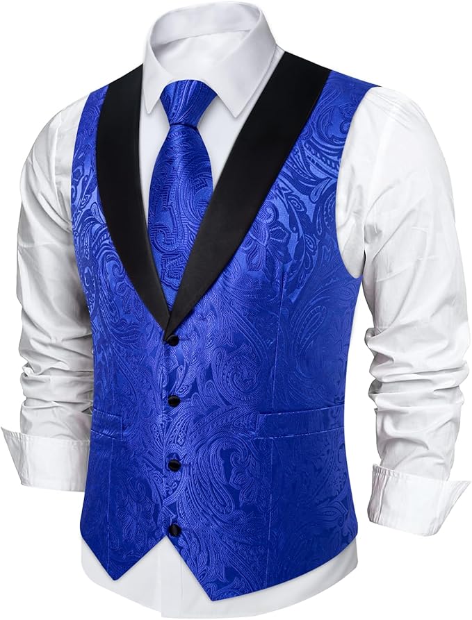 DiBanGu Mens Paisley Suit Vest Silk Jacquard Waistcoat and Necktie Set Formal Shawl Collar Dress Vest 7PCS for Wedding Party