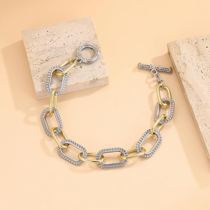 Mytys Link Bracelet for Women Gold and Silver 2 tone Circles Chain Wire Bangle Bracelets