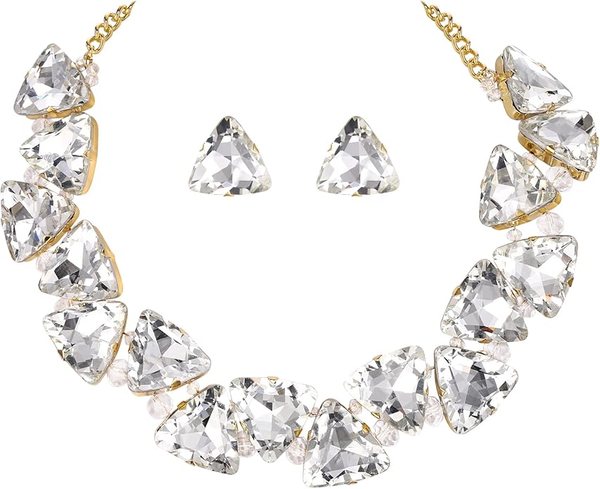 BriLove Art Deco Sparkly Triangle Statement Necklace Earrings Set for Women