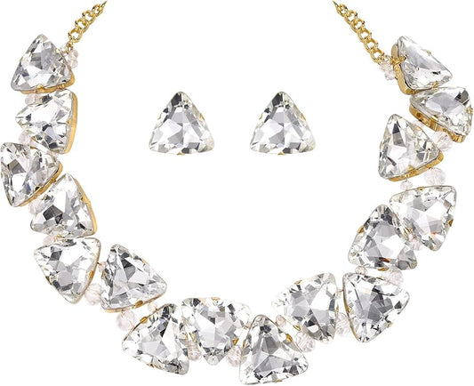 BriLove Art Deco Sparkly Triangle Statement Necklace Earrings Set for Women