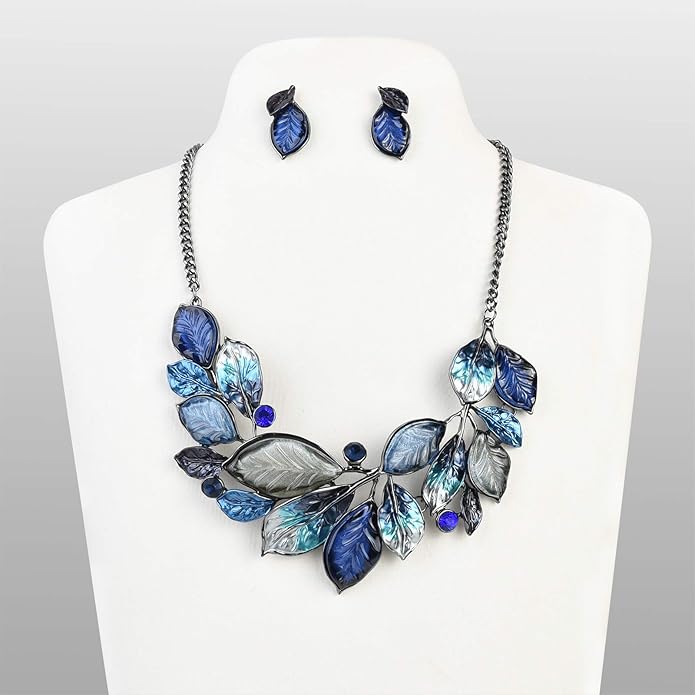 Vintage Statement Jewelry Set Leaf Floral Bohemian Boho Statement Necklace Earring Set Crystal Fashion Costume Jewelry