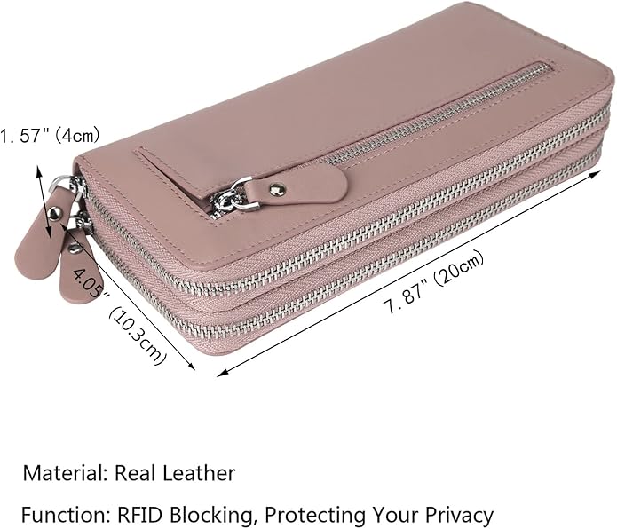 YALUXE Real Leather Zip Around Wallet RFID Blocking Wristlet Handbag Purse Clutch with Double Zipper Pockets