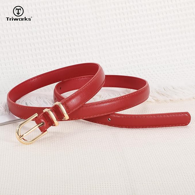 2 Pack Women Skinny Leather Belts for Jeans Pants Thin Faux Leather Belt with Gold Buckle