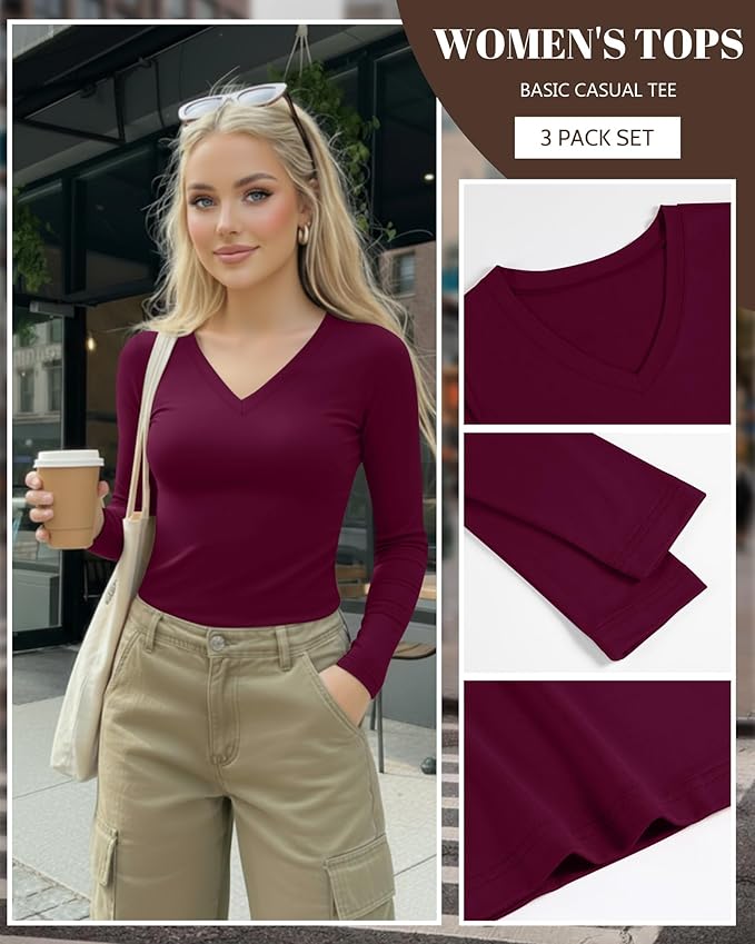 Ficerd 3 Pack Women's Long Sleeve Shirts, V Neck Basic Tees Slim Fitted Casual Fall Tops Going Out Blouses T Shirts