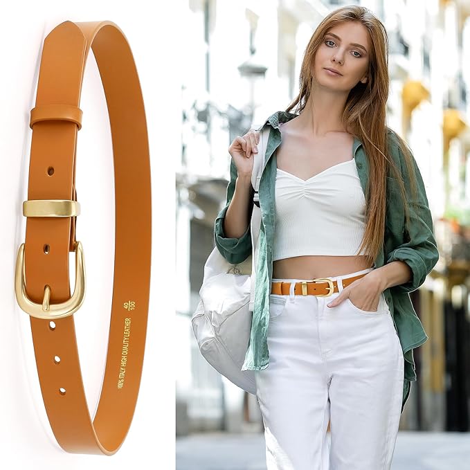 Womens Belts for Jeans 1.1" Width Ladies Belts for Dresses Full Grain Leather Gold Buckle Belt Gift Box