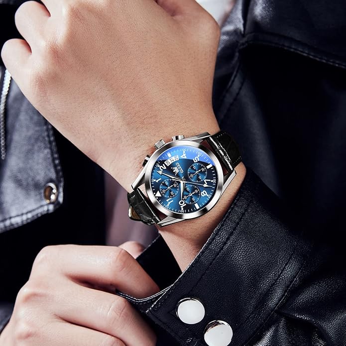 OLEVS Men's Casual Leather Watch, Big Face Chronograph Watch for Men, Fashion Easy to Read Dress Watch, Men's Waterproof Luminous Date Analog Watch, Gold/Black/White/Blue Dial
