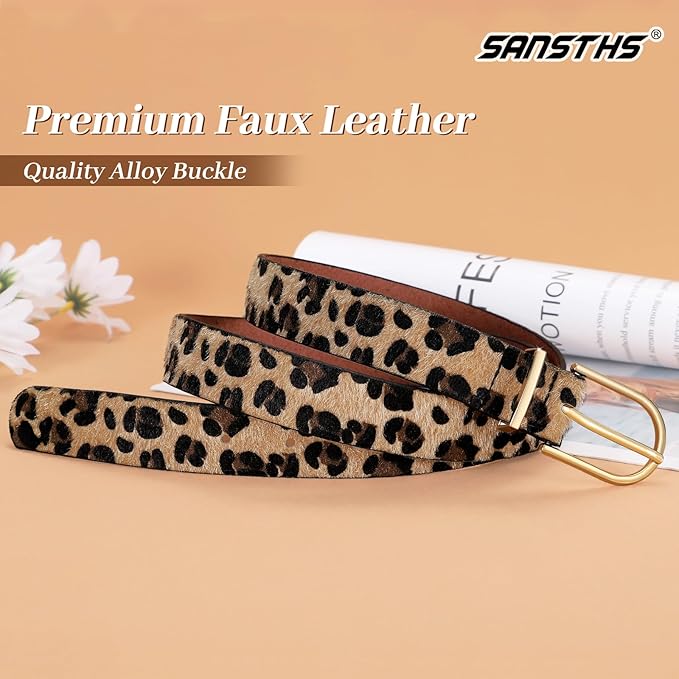 SANSTHS Women Faux Leather Chic Belts for Jeans Pants Fashion Ladies Belt Solid Color with Gold Curved Pin Buckle