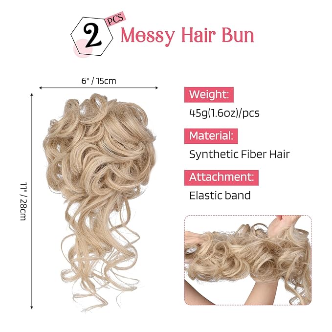 HOOJIH 2PCS Messy Bun Hair Piece, Tousled Updo with Tendrils Bun Extensions Wavy Curly Hair Wrap Ponytail Hairpieces for Women HB010 Dasiy - Medium Blonde with Highlights