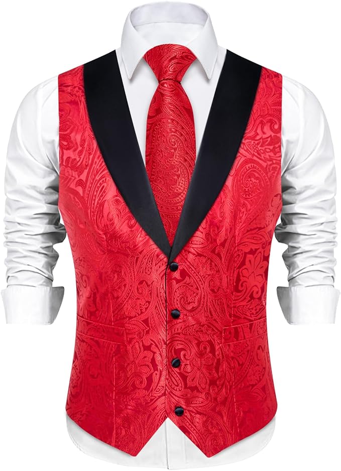 DiBanGu Mens Paisley Suit Vest Silk Jacquard Waistcoat and Necktie Set Formal Shawl Collar Dress Vest 7PCS for Wedding Party
