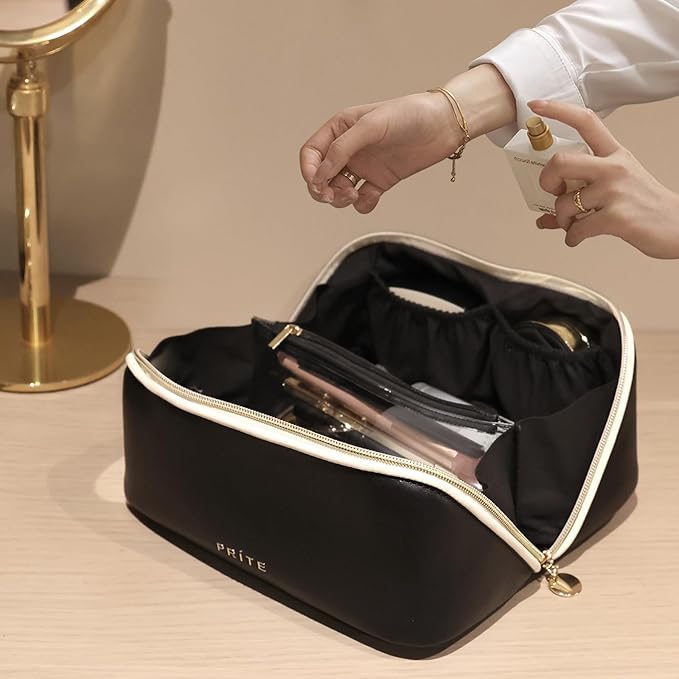 Prite Makeup Bag for Women Travel Waterproof Vegan Leather Cosmetic Bag Open Flat Toiletry Bag With Clear Divider and Handle (Black)