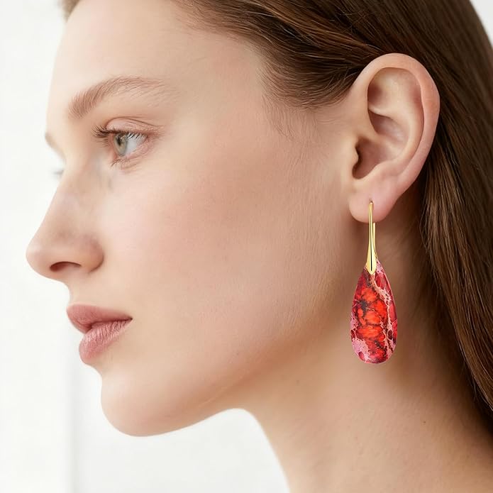 Emperor Stone Dangle Earrings for Women - Natural Healing Crystal Earrings with Gold Fishhooks in Soothing Colors, Unique Personalized Valentine‘s Day Gift Set for Her