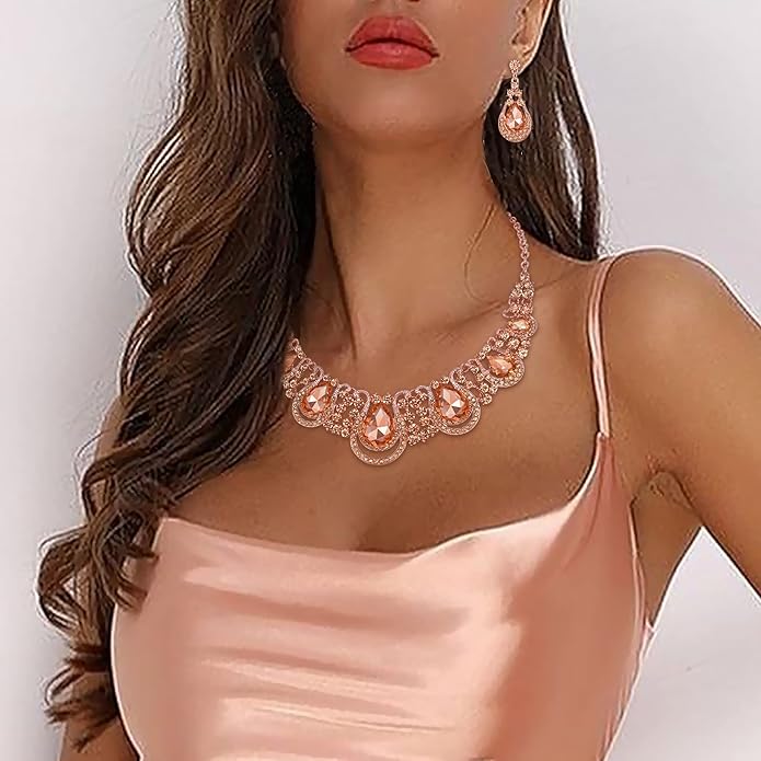BriLove Women's Costume Fashion Crystal Teardrop Hollow Scroll Statement Necklace Dangle Earrings Set