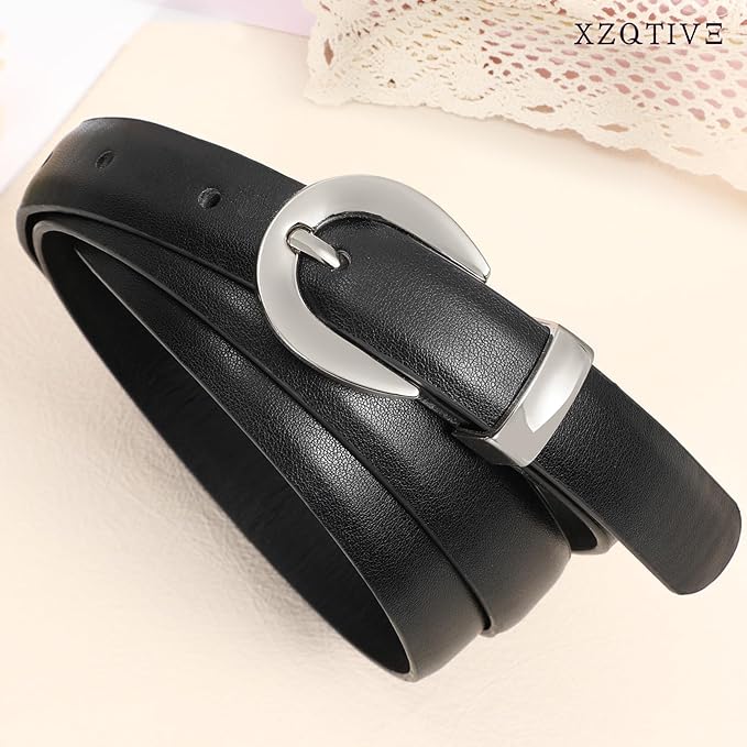 XZQTIVE Women Skinny Leather Belts for Jeans Dress Pants Fashion Ladies Thin Black Waist Belt with Gold Buckle